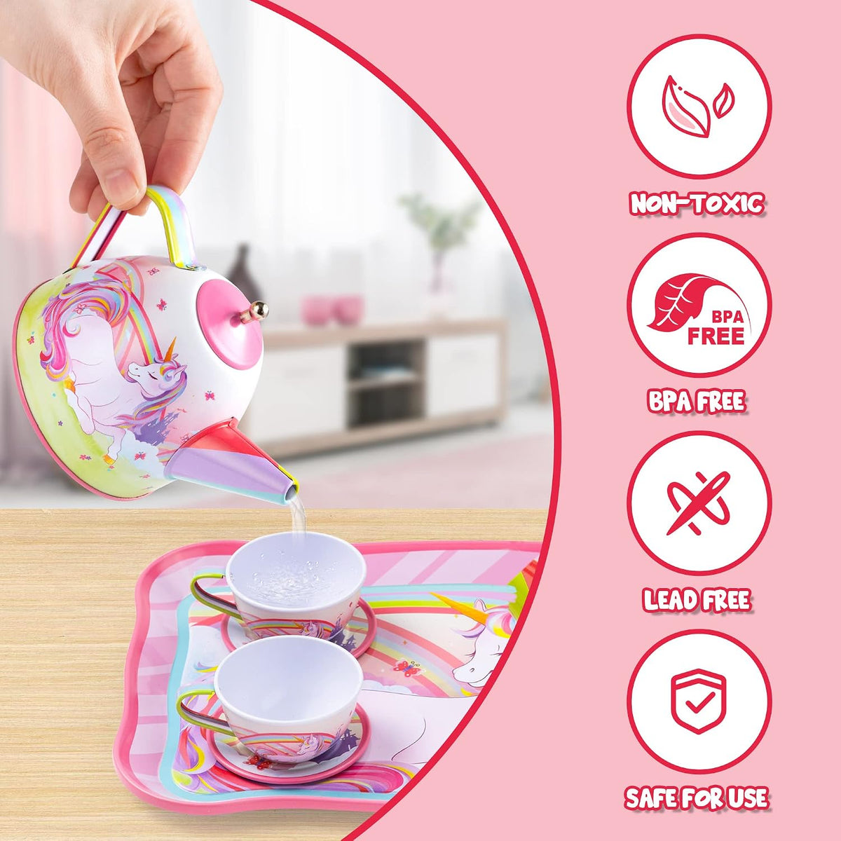 Unicorn Tea Party Set for Little Girls, Pretend Pink Tin Teapot Set, Princess Tea Time Play Kitchen Toy with Teapot, Cup, Plate, Carrying Case for Kids Age 3 4 5 6, Easter Birthday Gift
