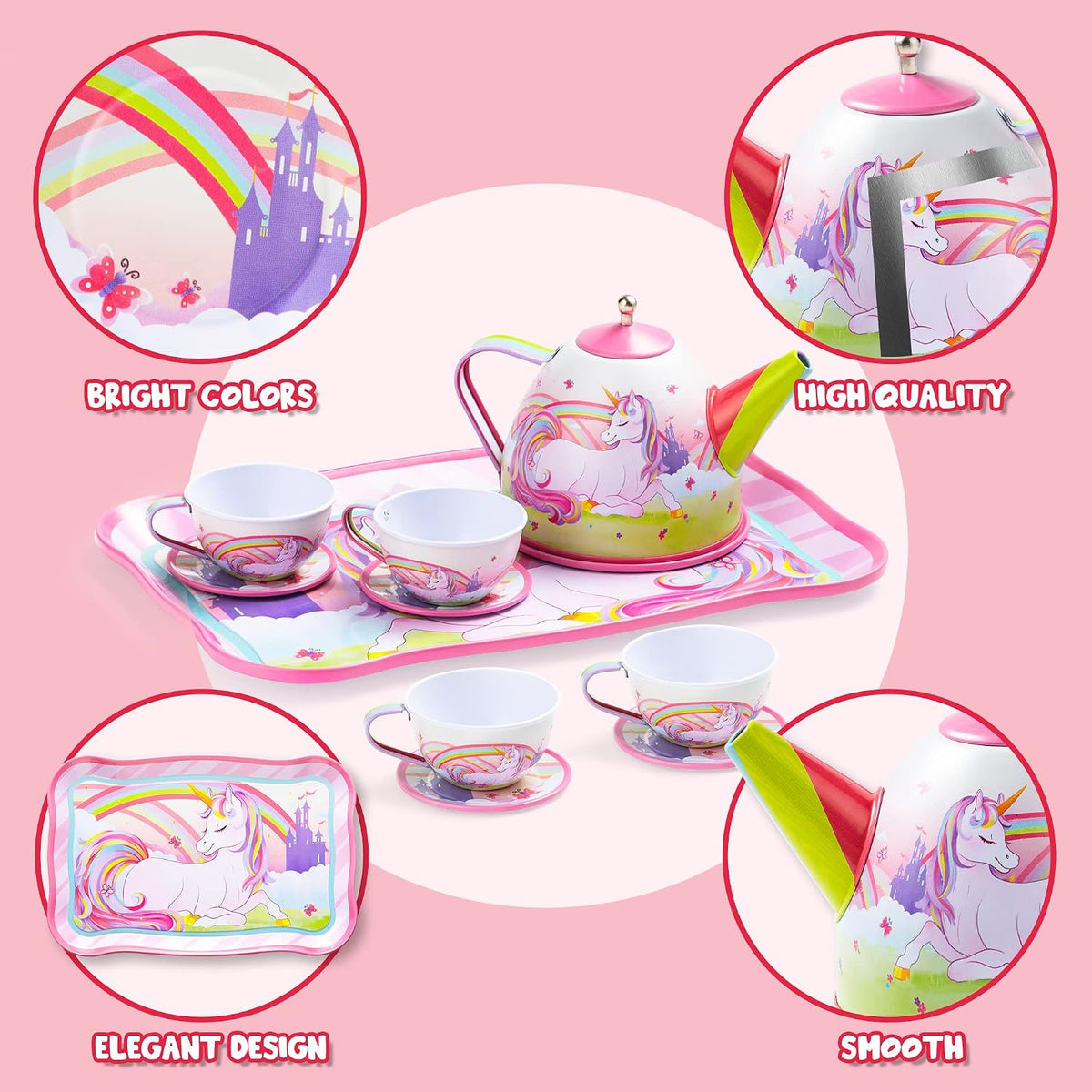 Unicorn Tea Party Set for Little Girls, Pretend Pink Tin Teapot Set, Princess Tea Time Play Kitchen Toy with Teapot, Cup, Plate, Carrying Case for Kids Age 3 4 5 6, Easter Birthday Gift