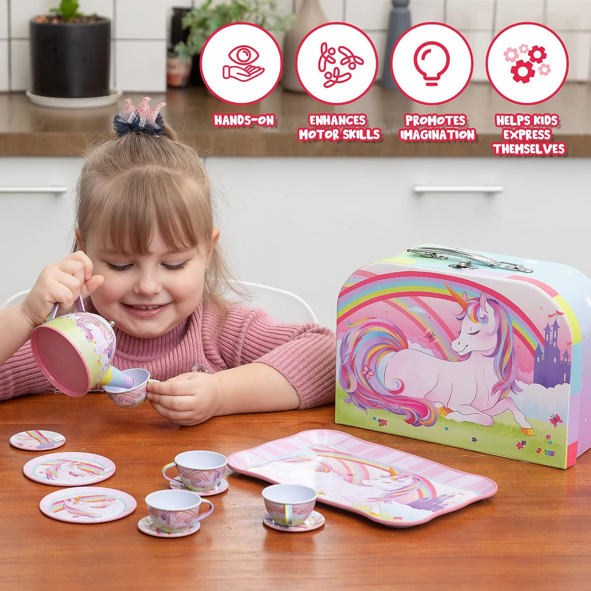 Unicorn Tea Party Set for Little Girls, Pretend Pink Tin Teapot Set, Princess Tea Time Play Kitchen Toy with Teapot, Cup, Plate, Carrying Case for Kids Age 3 4 5 6, Easter Birthday Gift