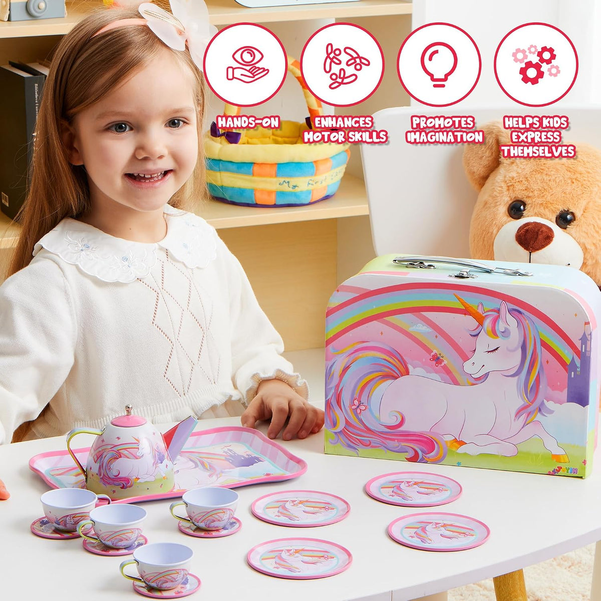 Unicorn Tea Party Set for Little Girls, Pretend Pink Tin Teapot Set, Princess Tea Time Play Kitchen Toy with Teapot, Cup, Plate, Carrying Case for Kids Age 3 4 5 6, Easter Birthday Gift