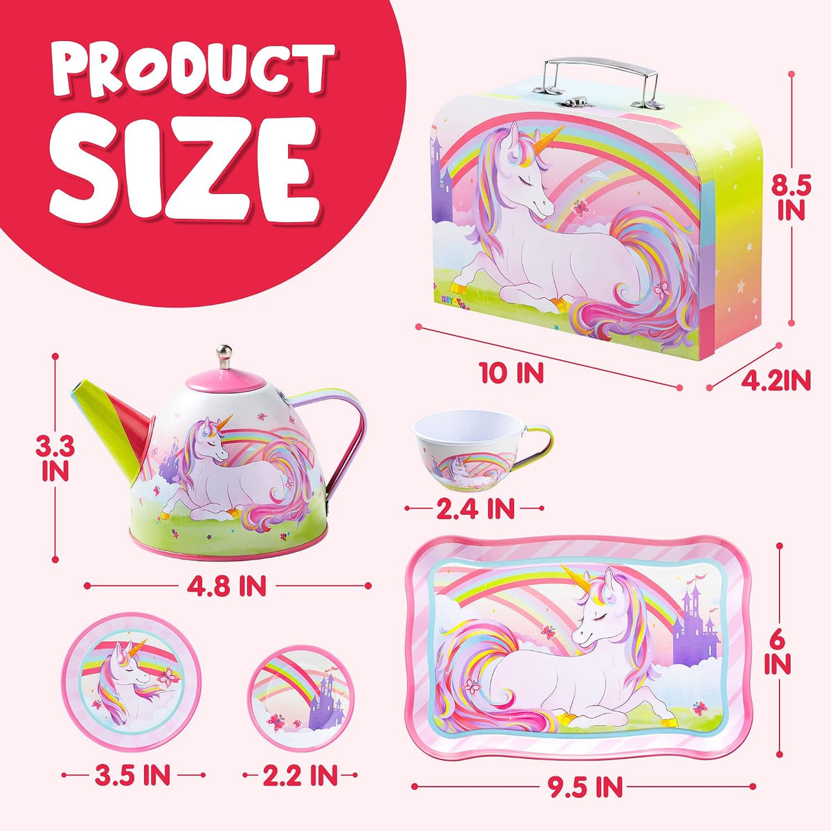Unicorn Tea Party Set for Little Girls, Pretend Pink Tin Teapot Set, Princess Tea Time Play Kitchen Toy with Teapot, Cup, Plate, Carrying Case for Kids Age 3 4 5 6, Easter Birthday Gift
