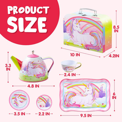 Unicorn Tea Party Set for Little Girls, Pretend Pink Tin Teapot Set, Princess Tea Time Play Kitchen Toy with Teapot, Cup, Plate, Carrying Case for Kids Age 3 4 5 6, Easter Birthday Gift