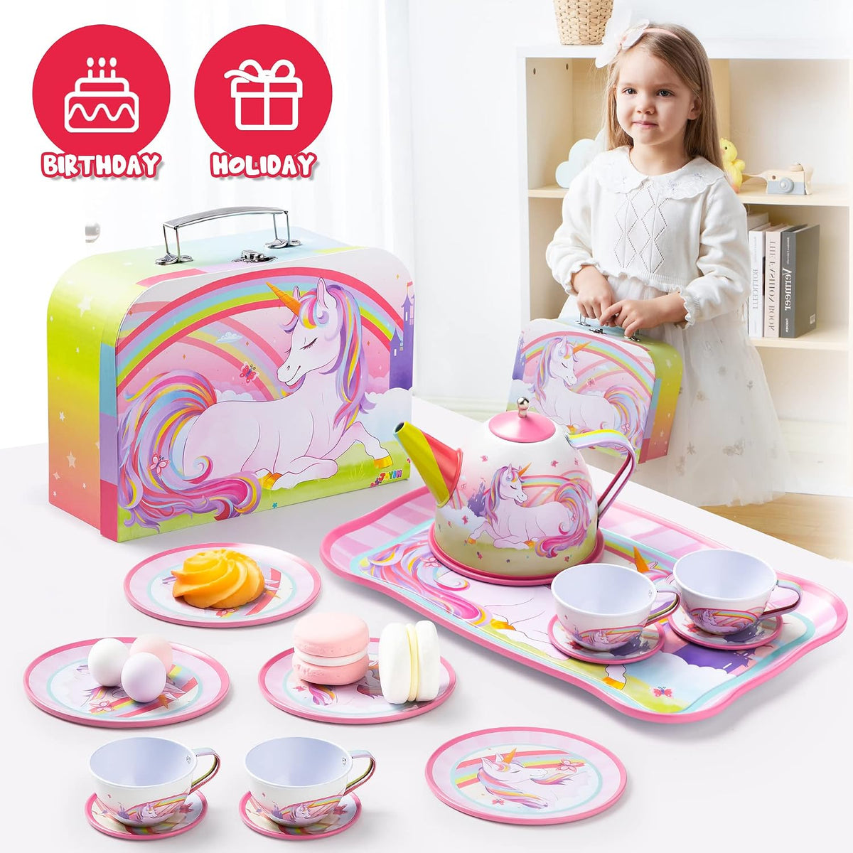 Unicorn Tea Party Set for Little Girls, Pretend Pink Tin Teapot Set, Princess Tea Time Play Kitchen Toy with Teapot, Cup, Plate, Carrying Case for Kids Age 3 4 5 6, Easter Birthday Gift