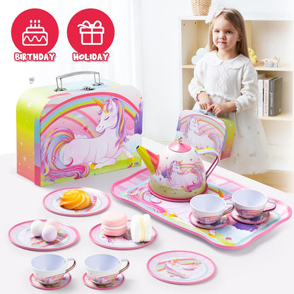 Unicorn Tea Party Set for Little Girls, Pretend Pink Tin Teapot Set, Princess Tea Time Play Kitchen Toy with Teapot, Cup, Plate, Carrying Case for Kids Age 3 4 5 6, Easter Birthday Gift