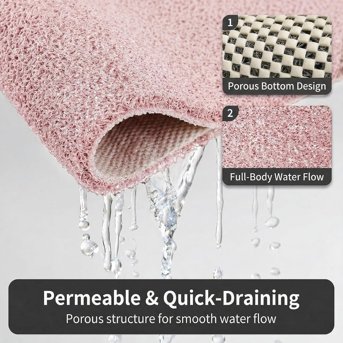 Shower Mat Non Slip, 16 x 24 Inch, Pink Shower Mats for Inside Shower, Soft PVC Loofah Bath Mats for Tub, Quick Drying Easy Cleaning Bathroom Stall Floor Mat Without Suction Cup