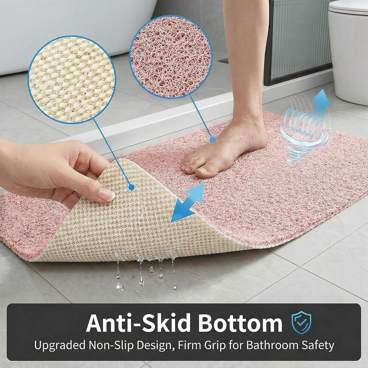 Shower Mat Non Slip, 16 x 24 Inch, Pink Shower Mats for Inside Shower, Soft PVC Loofah Bath Mats for Tub, Quick Drying Easy Cleaning Bathroom Stall Floor Mat Without Suction Cup