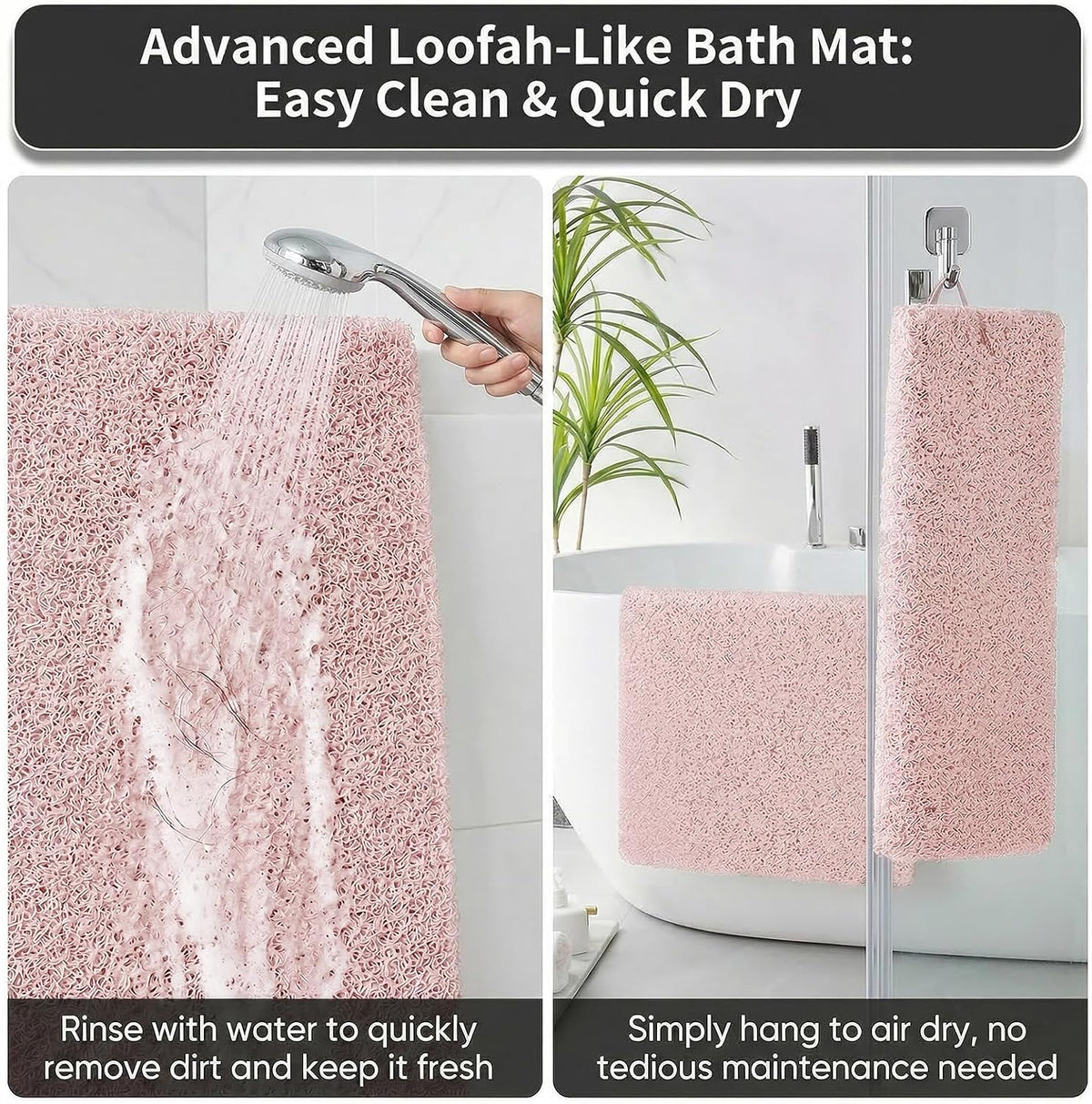 Shower Mat Non Slip, 16 x 24 Inch, Pink Shower Mats for Inside Shower, Soft PVC Loofah Bath Mats for Tub, Quick Drying Easy Cleaning Bathroom Stall Floor Mat Without Suction Cup