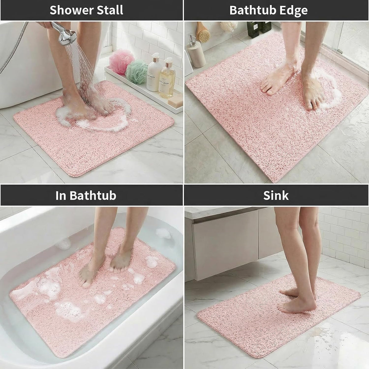 Shower Mat Non Slip, 16 x 24 Inch, Pink Shower Mats for Inside Shower, Soft PVC Loofah Bath Mats for Tub, Quick Drying Easy Cleaning Bathroom Stall Floor Mat Without Suction Cup