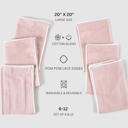 Fingercraft Dinner Cloth Napkins Cotton 6 Pack Premium Quality Mitered Corners with Elegant Lace for Every Day Use Napkins Cloth are Pre Shrunk and Good Absorbency with Lace Pink