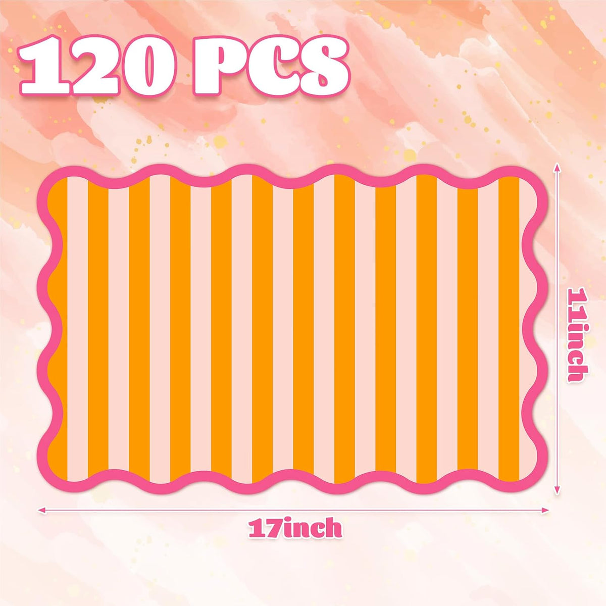 120 Pcs Summer Stripe Scalloped Paper Placemats Sunset Soiree Party Decor 11 x 17 Inch Orange Pink Rectangle Paper Place Mats for Wedding Birthday Baby Shower Party Dining Table Decor