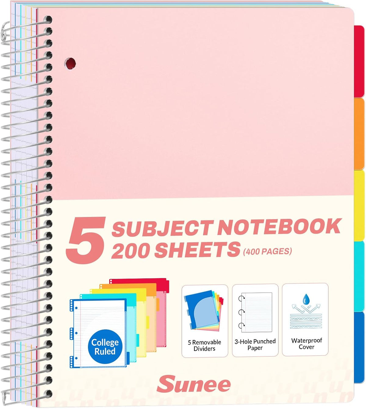 5 Subject Notebook College Ruled - 400 Pages, 9"x11", 5 Pocket Colored Dividers, 3-Hole Punched Paper, Pink