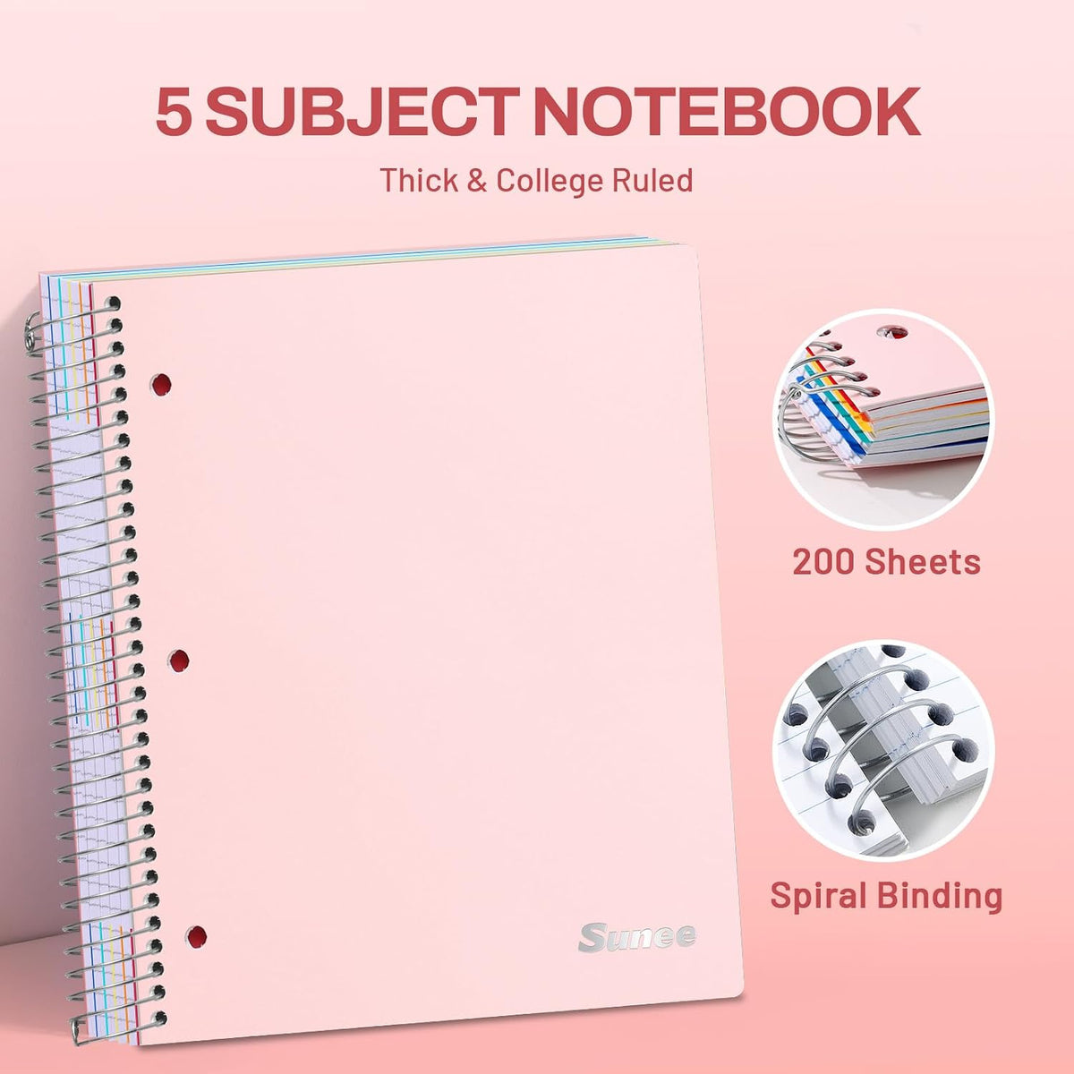 5 Subject Notebook College Ruled - 400 Pages, 9"x11", 5 Pocket Colored Dividers, 3-Hole Punched Paper, Pink