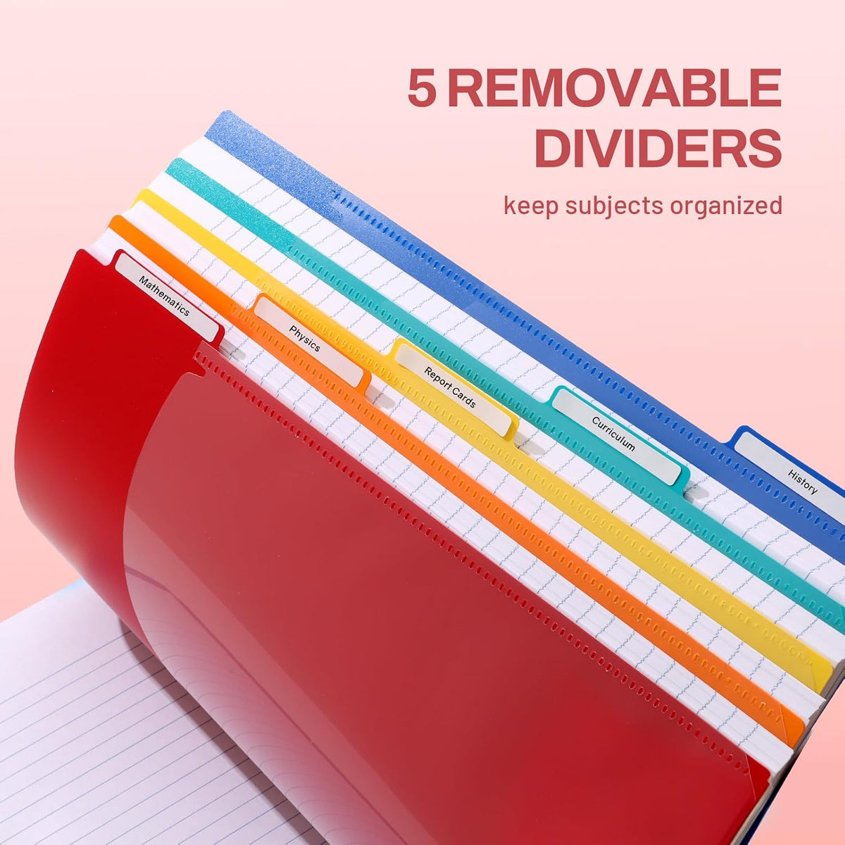 5 Subject Notebook College Ruled - 400 Pages, 9"x11", 5 Pocket Colored Dividers, 3-Hole Punched Paper, Pink