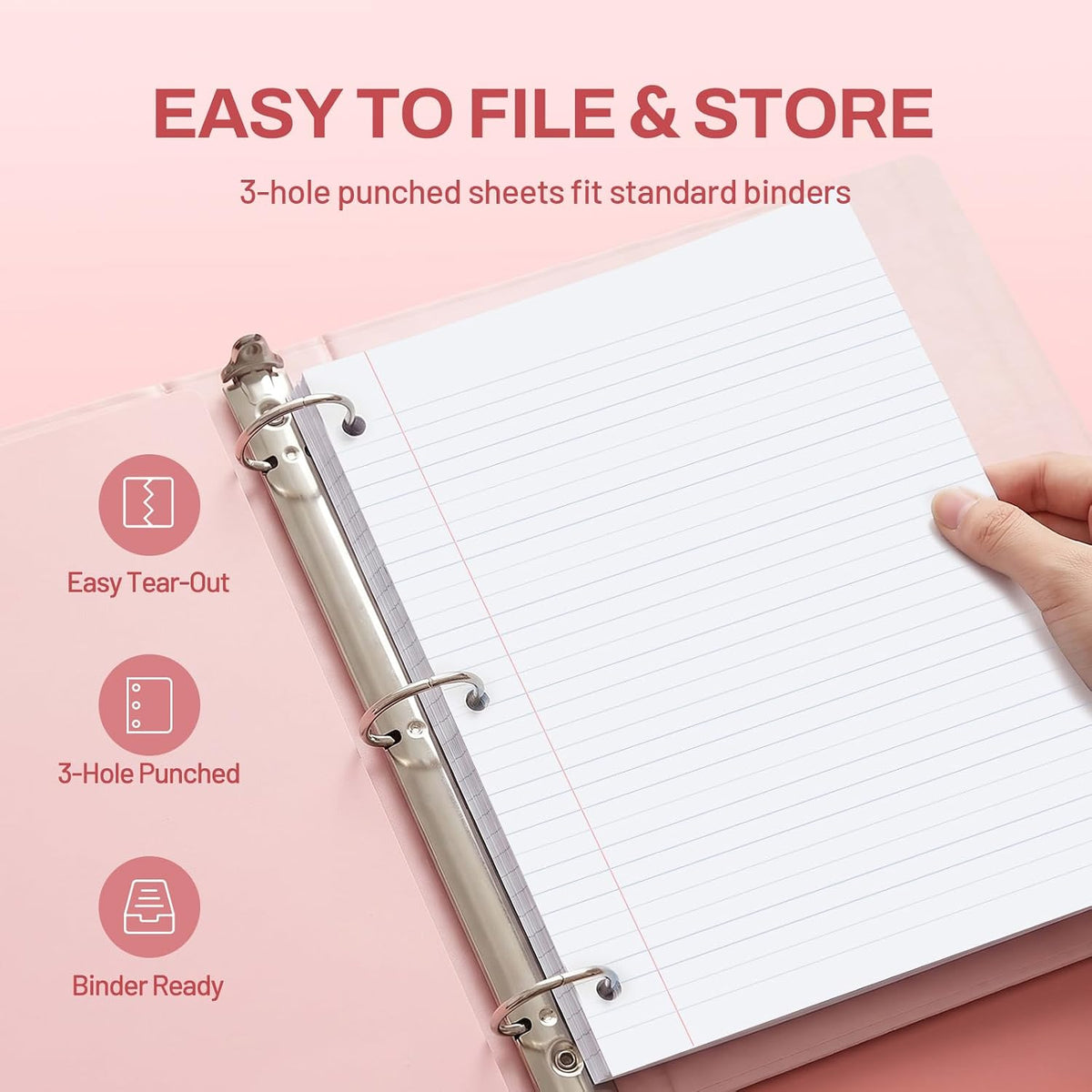 5 Subject Notebook College Ruled - 400 Pages, 9"x11", 5 Pocket Colored Dividers, 3-Hole Punched Paper, Pink