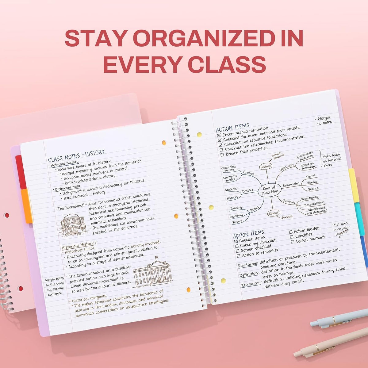 5 Subject Notebook College Ruled - 400 Pages, 9"x11", 5 Pocket Colored Dividers, 3-Hole Punched Paper, Pink
