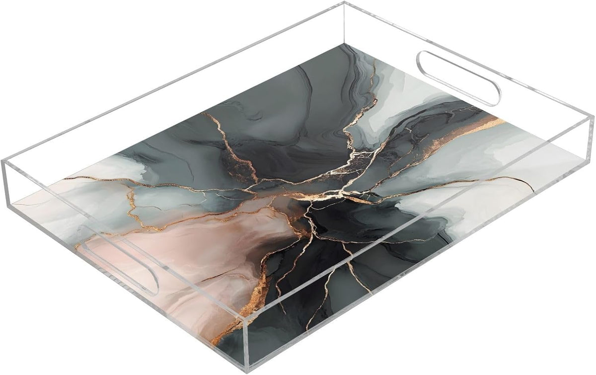 Marble Gray Pink Serving Tray 12" x 16" Acrylic Trays with Handles Decorative Serving Platter for Coffee, Breakfast in Bed, Dinner, Appetizers, Patio, Party