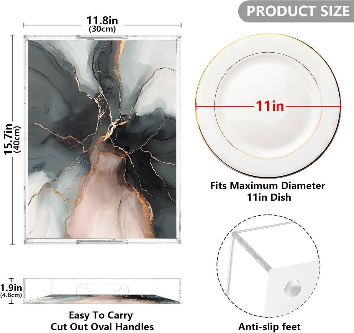 Marble Gray Pink Serving Tray 12" x 16" Acrylic Trays with Handles Decorative Serving Platter for Coffee, Breakfast in Bed, Dinner, Appetizers, Patio, Party