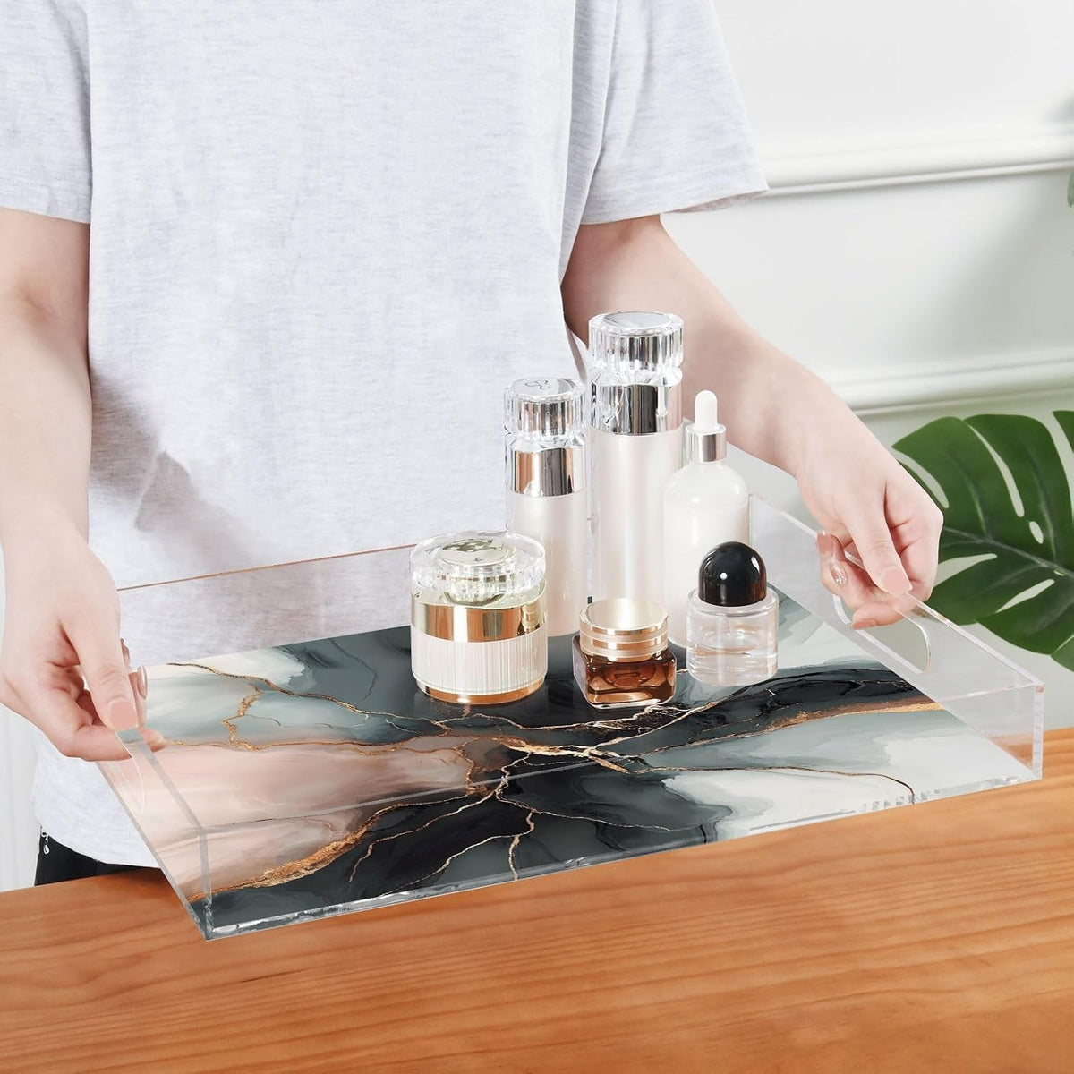 Marble Gray Pink Serving Tray 12" x 16" Acrylic Trays with Handles Decorative Serving Platter for Coffee, Breakfast in Bed, Dinner, Appetizers, Patio, Party