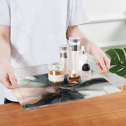 Marble Gray Pink Serving Tray 12" x 16" Acrylic Trays with Handles Decorative Serving Platter for Coffee, Breakfast in Bed, Dinner, Appetizers, Patio, Party