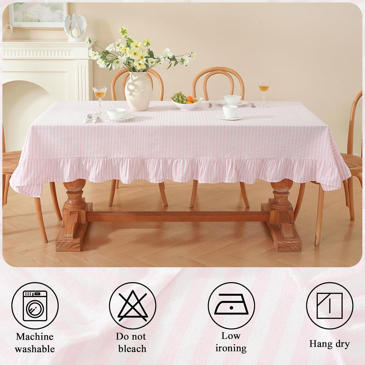 Striped Ruffled Tablecloth Rectangle Spring Cotton Blend Stripe Table Cloth with Tassel, Farmhouse Washable Wrinkle Free Table Cover for Valentines Day Outdoor Picnic Party, Pink, 55''x86''