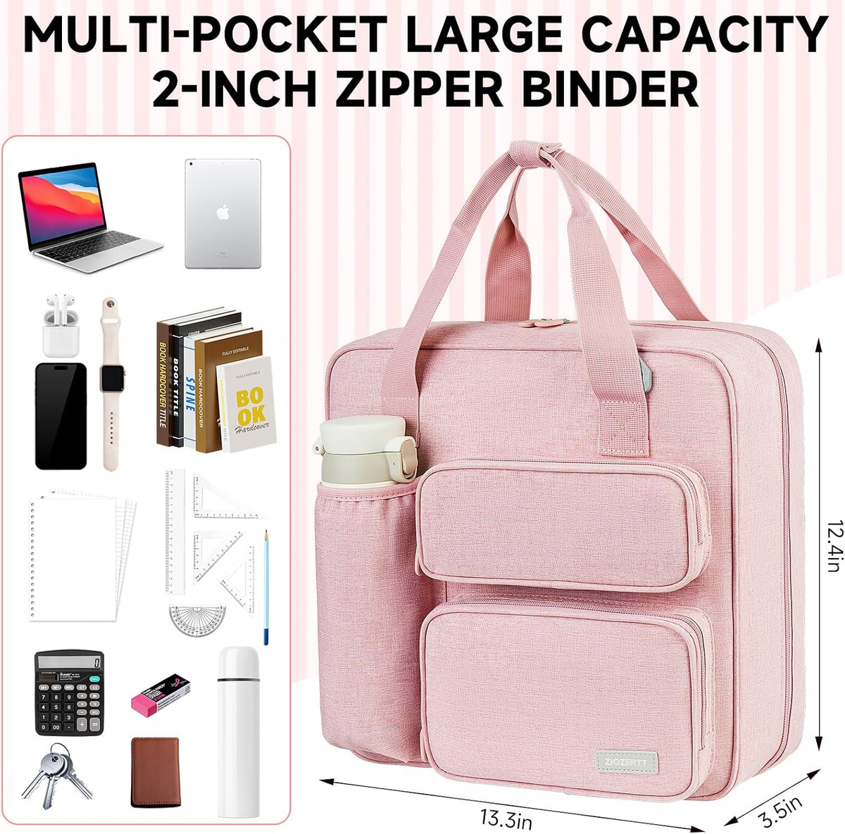 Zipper Binder 3 Ring, 500 Sheets Capacity, Binder 2 Inch with Shoulder Strap Fits 13 Inch Laptop for School and Office,Pink