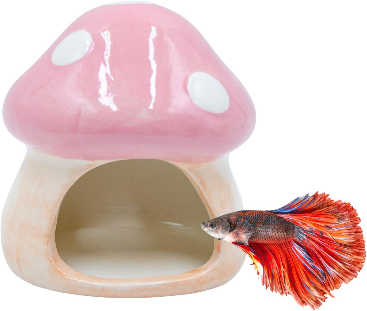 Ceramic Fish Tank Ornament & Hiding Cave, Aquarium Shelter Decor, Cute Mushroom House Style for Betta Fish, Goldfish, Shrimp, Hermit Crab and Reptiles (Pink)