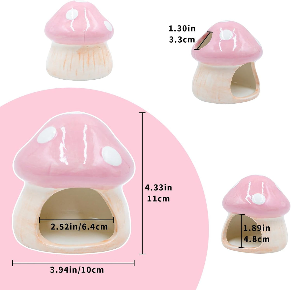 Ceramic Fish Tank Ornament & Hiding Cave, Aquarium Shelter Decor, Cute Mushroom House Style for Betta Fish, Goldfish, Shrimp, Hermit Crab and Reptiles (Pink)
