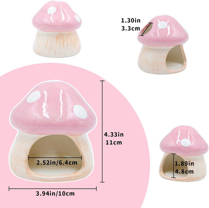 Ceramic Fish Tank Ornament & Hiding Cave, Aquarium Shelter Decor, Cute Mushroom House Style for Betta Fish, Goldfish, Shrimp, Hermit Crab and Reptiles (Pink)