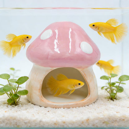 Ceramic Fish Tank Ornament & Hiding Cave, Aquarium Shelter Decor, Cute Mushroom House Style for Betta Fish, Goldfish, Shrimp, Hermit Crab and Reptiles (Pink)