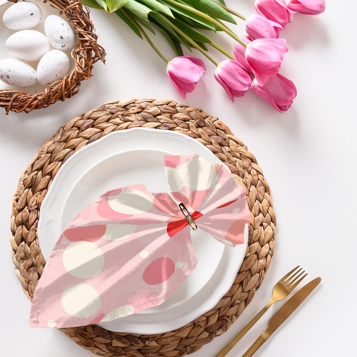 6pcs Cloth Napkins, Watercolor Pink White Dots Pattern Polyester Napkins 20"x 20" Washable Perfect for Wedding Party Dinner Cocktail Restaurant Home Kitchen
