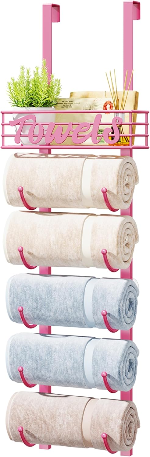Towel Racks for Bathroom Storage - 6 Tier Over The Door & Wall Mount Rolled Towel Storage Organizer Holder with Metal Shelf Basket for Small Bathroom, Camper, Rv - Pink, Patented