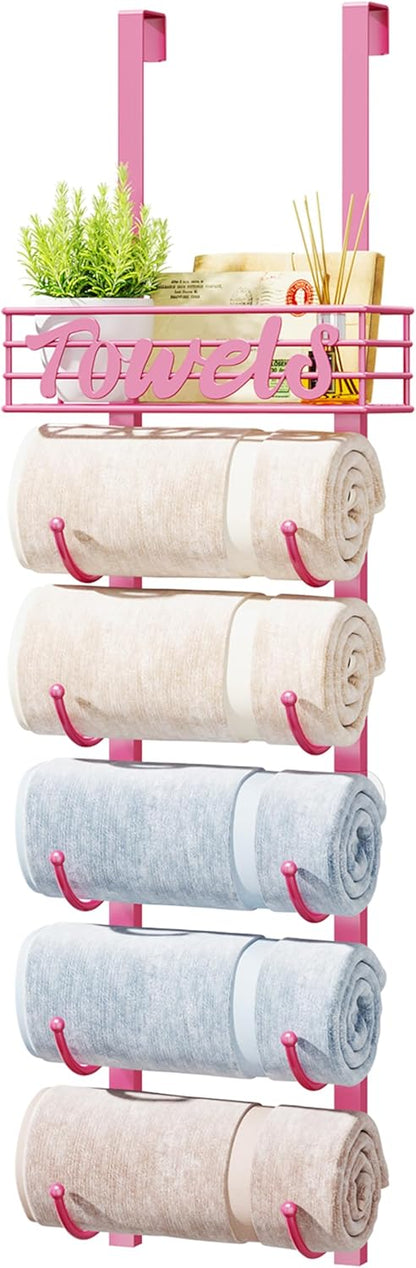 Towel Racks for Bathroom Storage - 6 Tier Over The Door & Wall Mount Rolled Towel Storage Organizer Holder with Metal Shelf Basket for Small Bathroom, Camper, Rv - Pink, Patented
