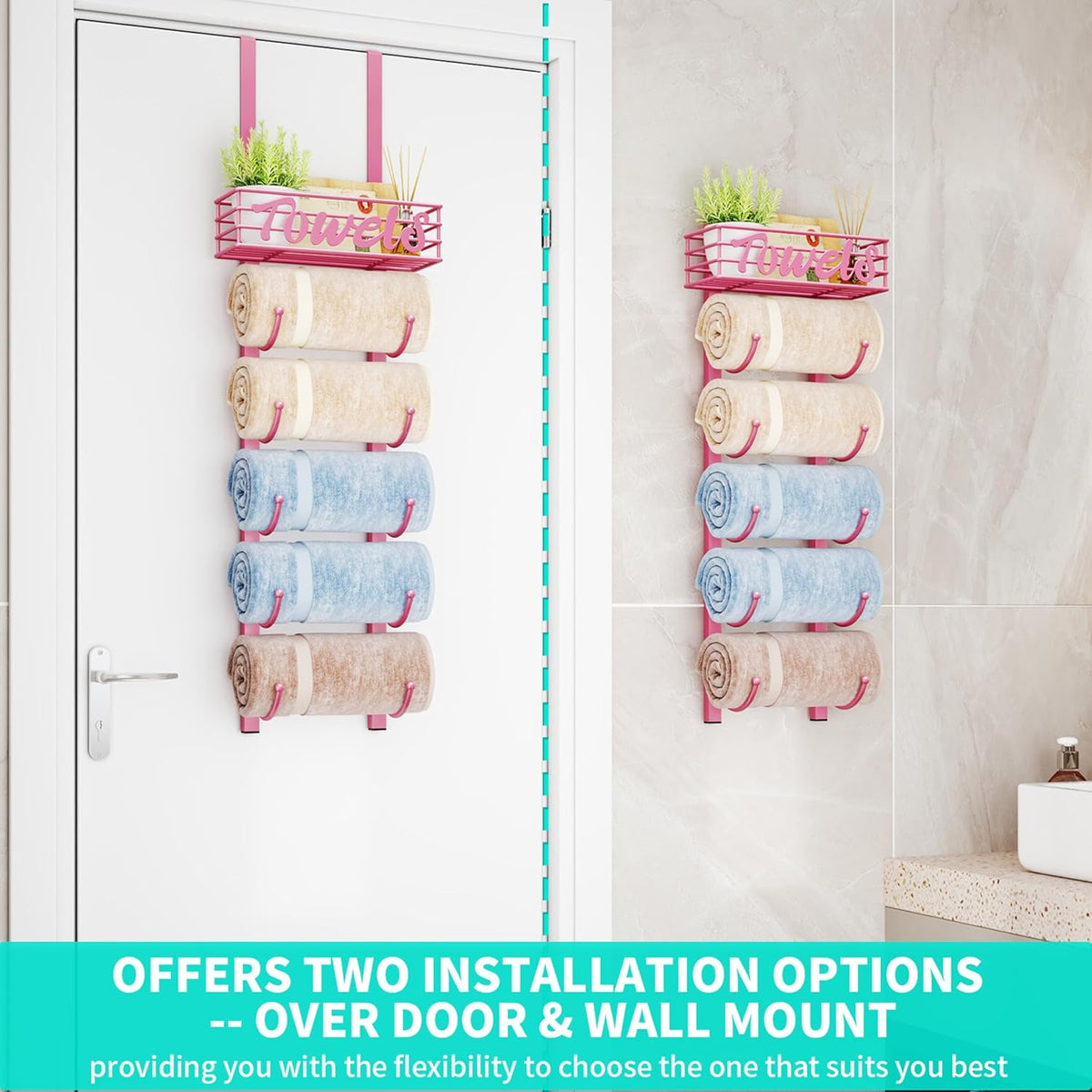 Towel Racks for Bathroom Storage - 6 Tier Over The Door & Wall Mount Rolled Towel Storage Organizer Holder with Metal Shelf Basket for Small Bathroom, Camper, Rv - Pink, Patented