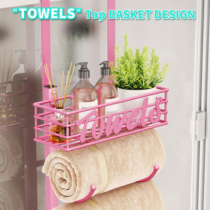 Towel Racks for Bathroom Storage - 6 Tier Over The Door & Wall Mount Rolled Towel Storage Organizer Holder with Metal Shelf Basket for Small Bathroom, Camper, Rv - Pink, Patented