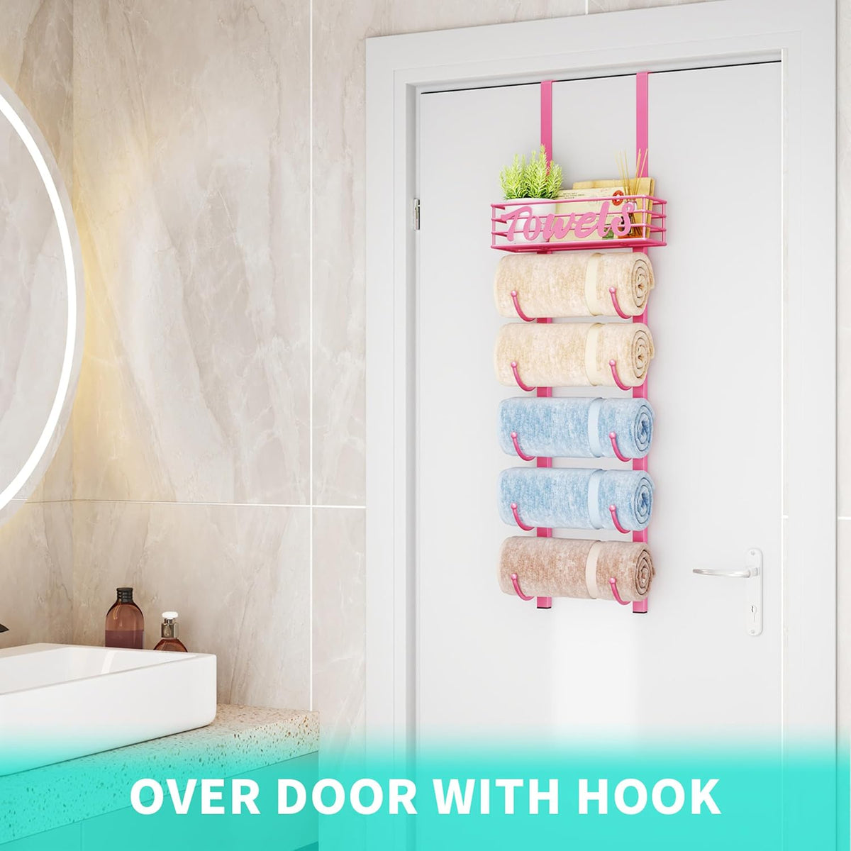 Towel Racks for Bathroom Storage - 6 Tier Over The Door & Wall Mount Rolled Towel Storage Organizer Holder with Metal Shelf Basket for Small Bathroom, Camper, Rv - Pink, Patented