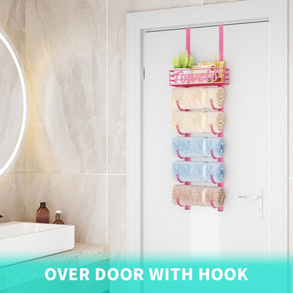 Towel Racks for Bathroom Storage - 6 Tier Over The Door & Wall Mount Rolled Towel Storage Organizer Holder with Metal Shelf Basket for Small Bathroom, Camper, Rv - Pink, Patented