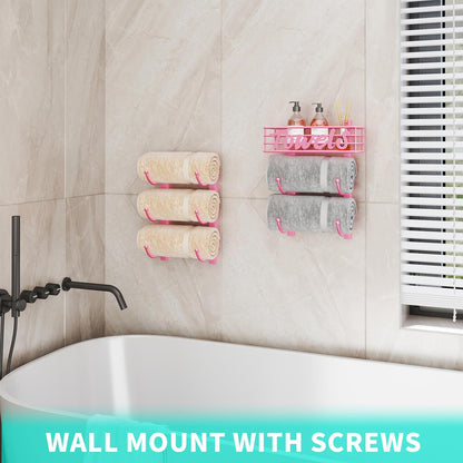 Towel Racks for Bathroom Storage - 6 Tier Over The Door & Wall Mount Rolled Towel Storage Organizer Holder with Metal Shelf Basket for Small Bathroom, Camper, Rv - Pink, Patented