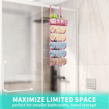 Towel Racks for Bathroom Storage - 6 Tier Over The Door & Wall Mount Rolled Towel Storage Organizer Holder with Metal Shelf Basket for Small Bathroom, Camper, Rv - Pink, Patented