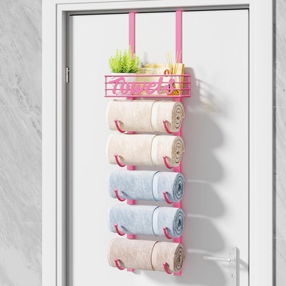 Towel Racks for Bathroom Storage - 6 Tier Over The Door & Wall Mount Rolled Towel Storage Organizer Holder with Metal Shelf Basket for Small Bathroom, Camper, Rv - Pink, Patented