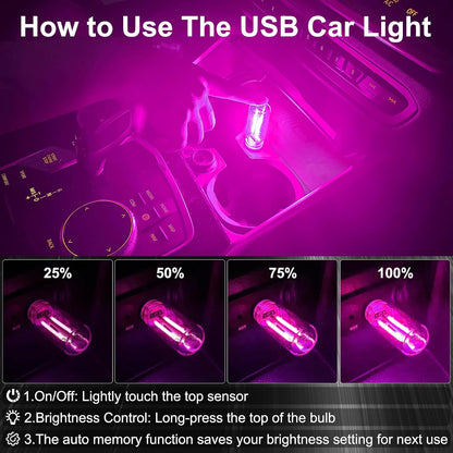 2 PCS Car USB Night Light Bulb, Touch Dimmable Car Interior Ambient Lights, Portable Mini USB Retro Glass Bottle Lamp Decorations for Vehicle, Bedroom, Hallway, Camping (Pink)