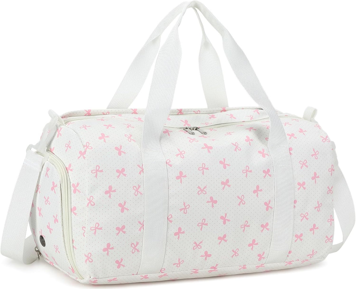 Duffle Bag for Girls Kids Gym Sports Women Workout Travel Bag Weekender with Shoe Compartment and Wet Pocket (Pink Bow)