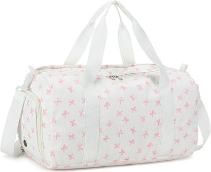 Duffle Bag for Girls Kids Gym Sports Women Workout Travel Bag Weekender with Shoe Compartment and Wet Pocket (Pink Bow)
