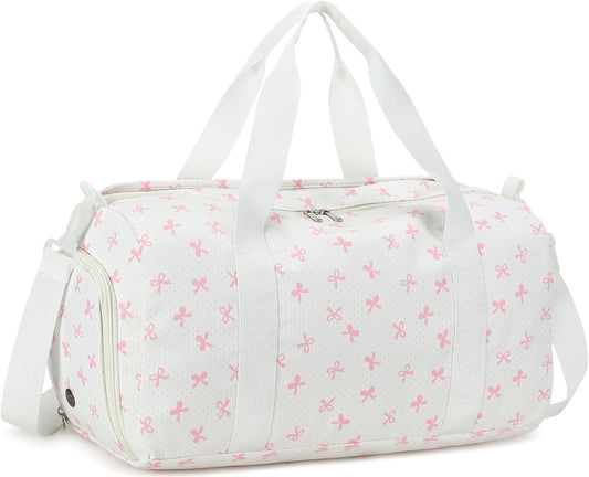 Duffle Bag for Girls Kids Gym Sports Women Workout Travel Bag Weekender with Shoe Compartment and Wet Pocket (Pink Bow)