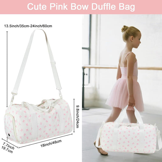 Duffle Bag for Girls Kids Gym Sports Women Workout Travel Bag Weekender with Shoe Compartment and Wet Pocket (Pink Bow)