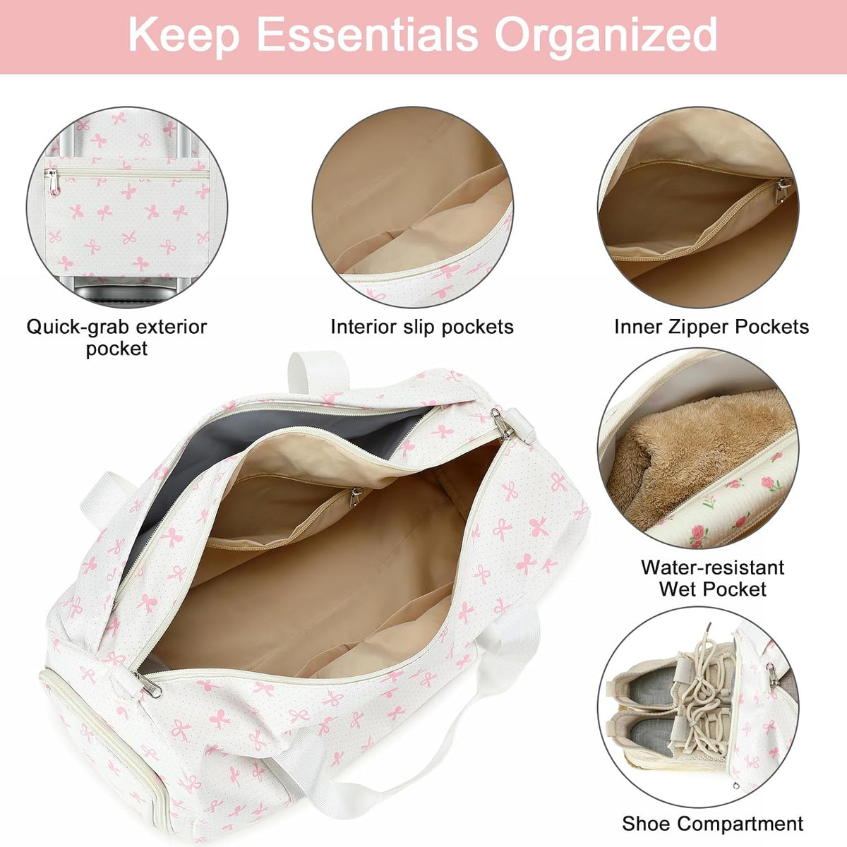 Duffle Bag for Girls Kids Gym Sports Women Workout Travel Bag Weekender with Shoe Compartment and Wet Pocket (Pink Bow)
