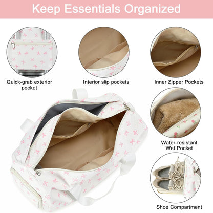 Duffle Bag for Girls Kids Gym Sports Women Workout Travel Bag Weekender with Shoe Compartment and Wet Pocket (Pink Bow)
