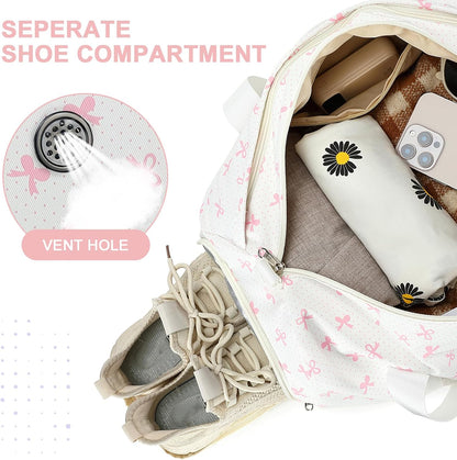 Duffle Bag for Girls Kids Gym Sports Women Workout Travel Bag Weekender with Shoe Compartment and Wet Pocket (Pink Bow)