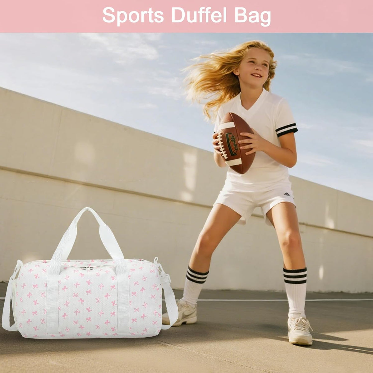 Duffle Bag for Girls Kids Gym Sports Women Workout Travel Bag Weekender with Shoe Compartment and Wet Pocket (Pink Bow)