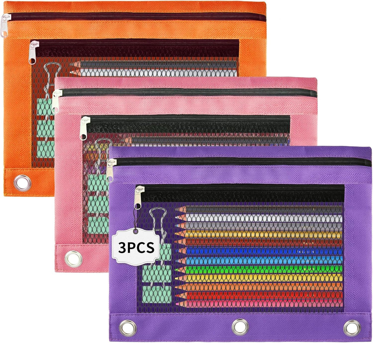 Pencil Pouch for 3 Ring Binder - 3 Pack Zippered Pencil Pouches with Transparent Mesh Window| Binder Pouch with Smooth Zippers| Zippered Pencil Bag for School Office Students, Pink+Orange+Purple