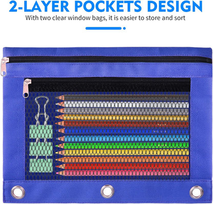 Pencil Pouch for 3 Ring Binder - 3 Pack Zippered Pencil Pouches with Transparent Mesh Window| Binder Pouch with Smooth Zippers| Zippered Pencil Bag for School Office Students, Pink+Orange+Purple